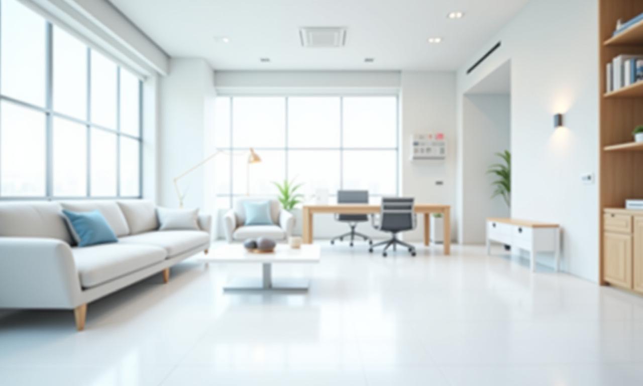 モダンなリビングルームと清潔なオフィススペース、自然光があふれる様子