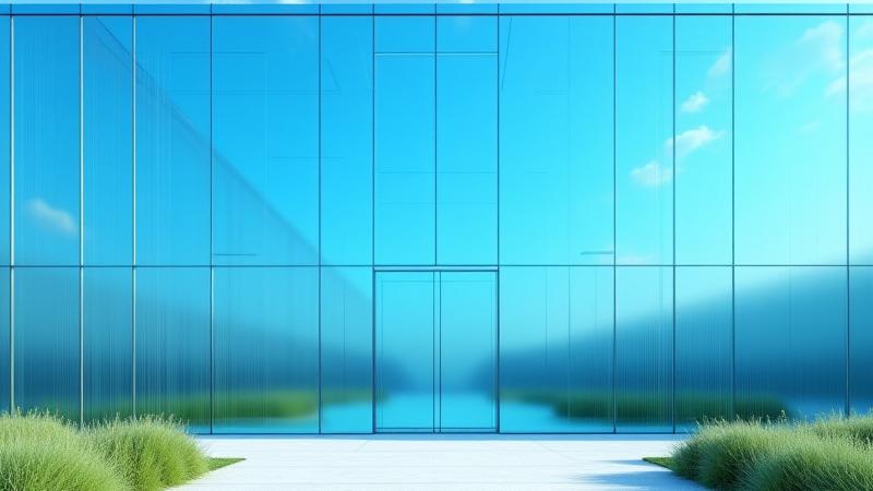 透明で明るい窓のあるモダンなビルの外観、クリーンな環境を示唆